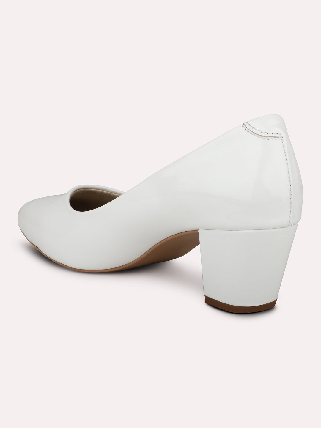 Women White Round Toe Block Heeled Pumps