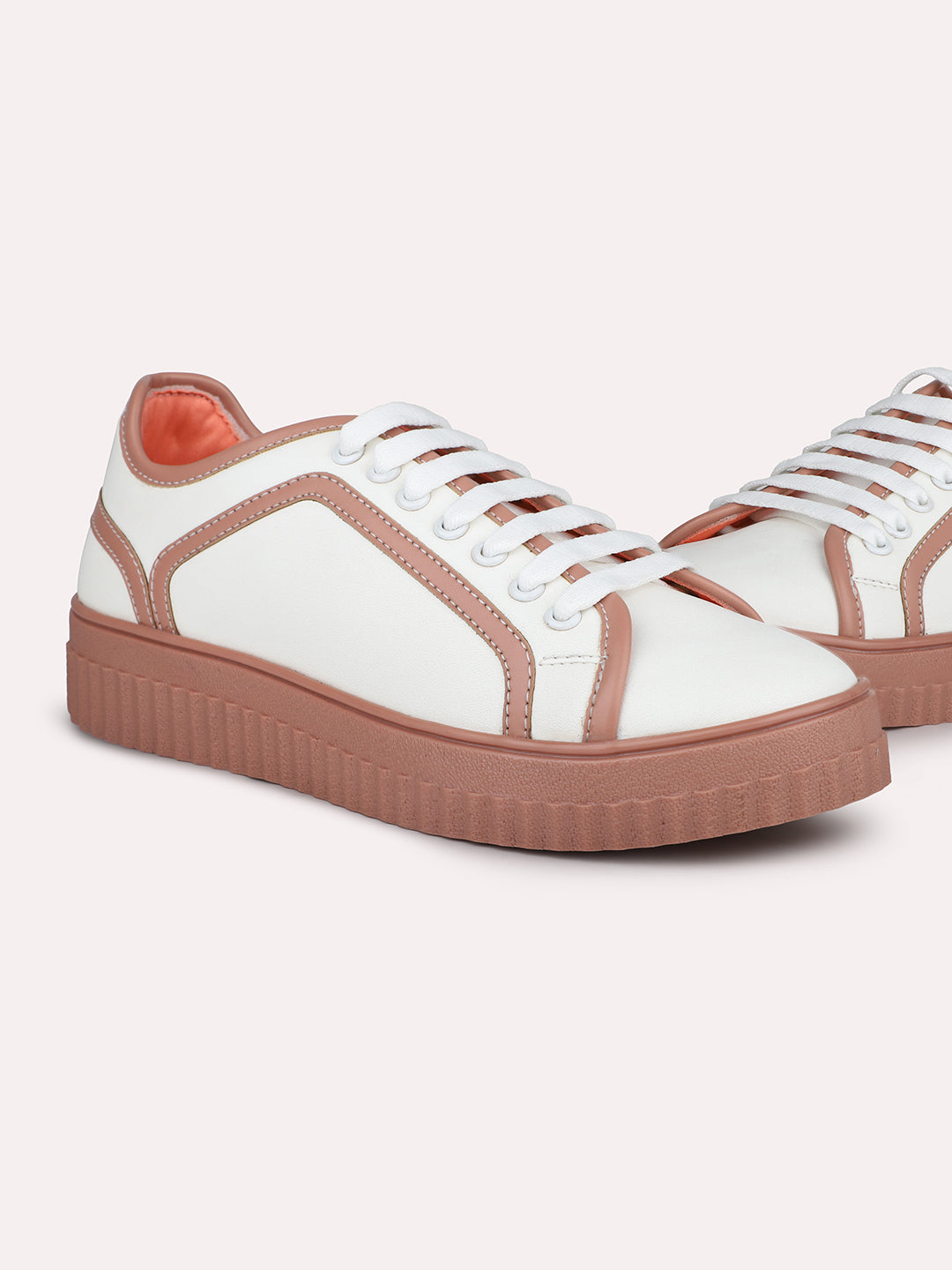 Women White And Peach Colourblocked Lace-Ups Sneakers