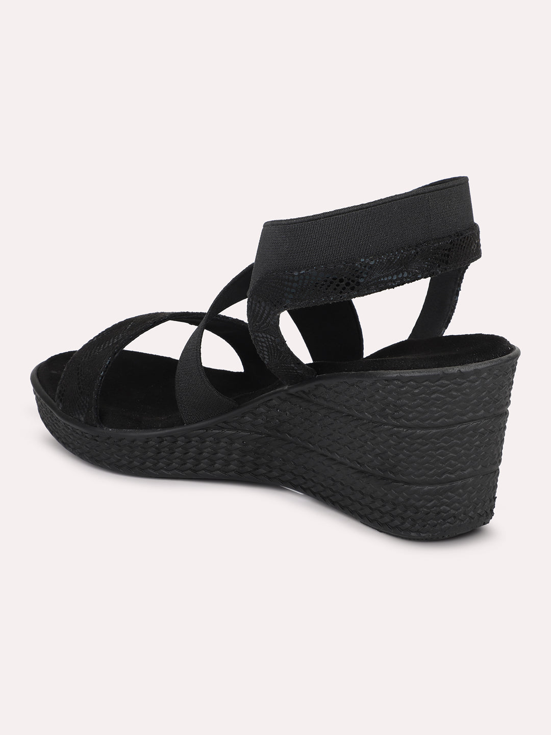 Women Black Textured Open Toe Wedge Heels