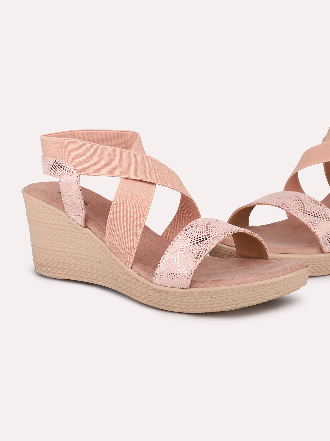 Women Peach Textured Open Toe Wedge Heels