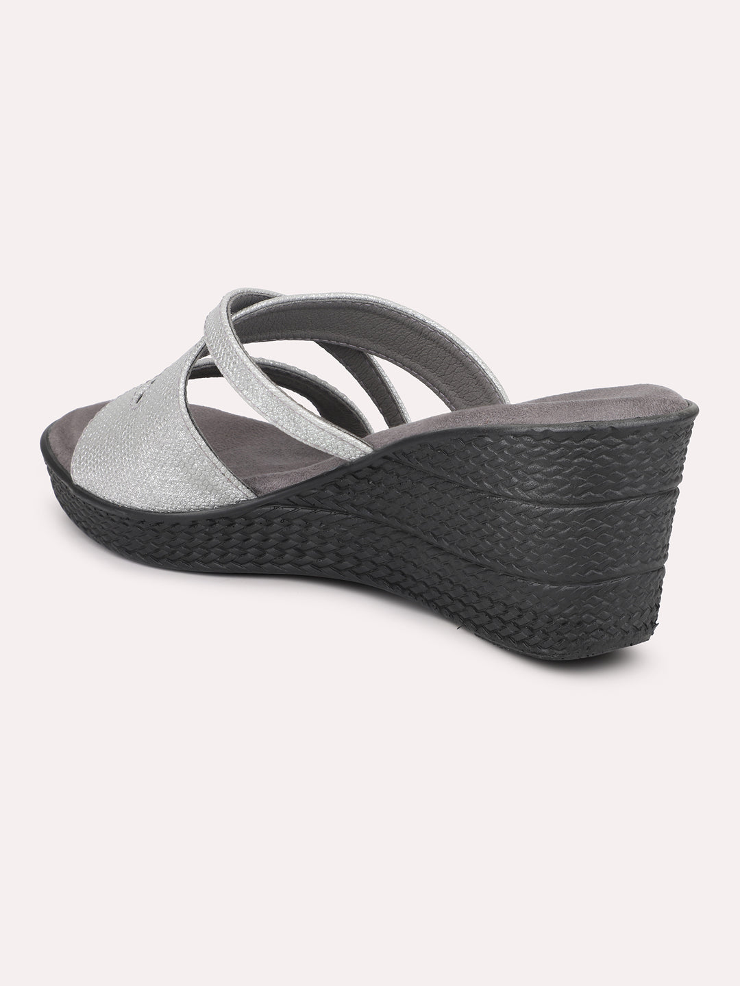 Women Pewter Textured Embellished Open Toe Wedge Heels