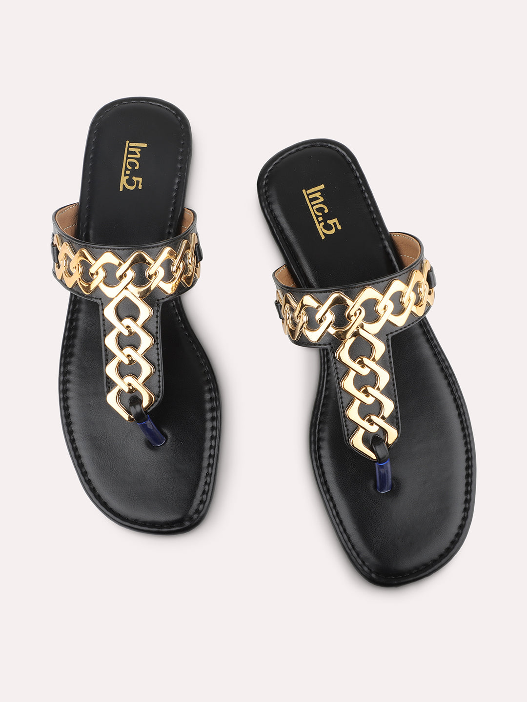 Women Black And Gold-Toned Embellished T-Strap Flats