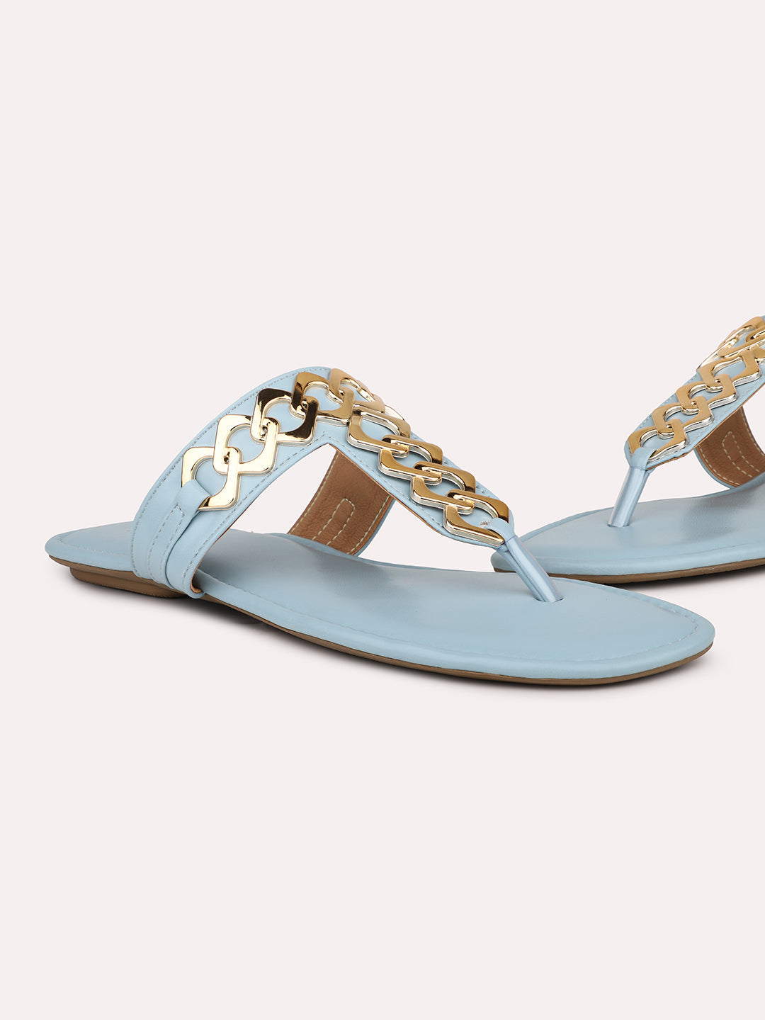 Women Blue And Gold-Toned Embellished T-Strap Flats