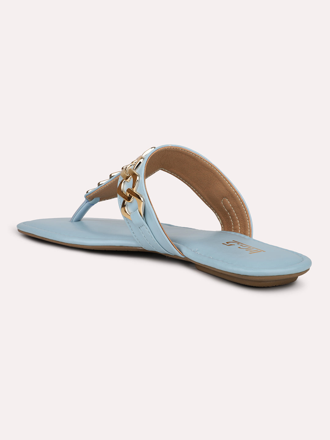 Women Blue And Gold-Toned Embellished T-Strap Flats