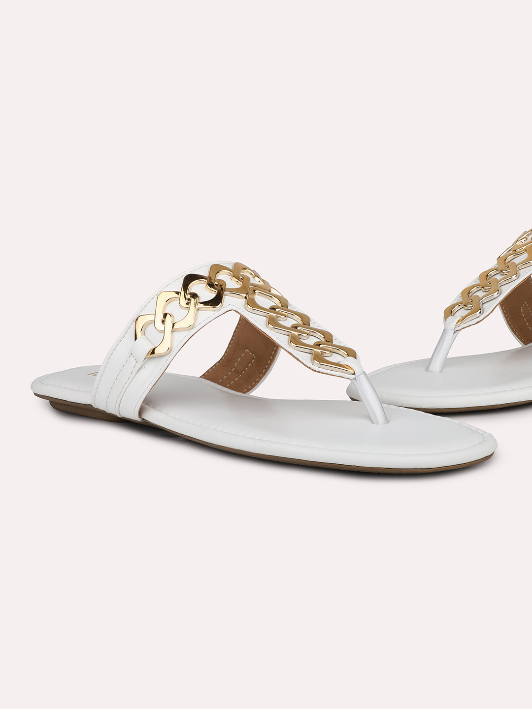 Women White And Gold-Toned Embellished T-Strap Flats