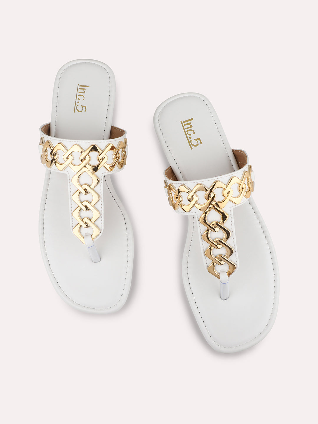 Women White And Gold-Toned Embellished T-Strap Flats