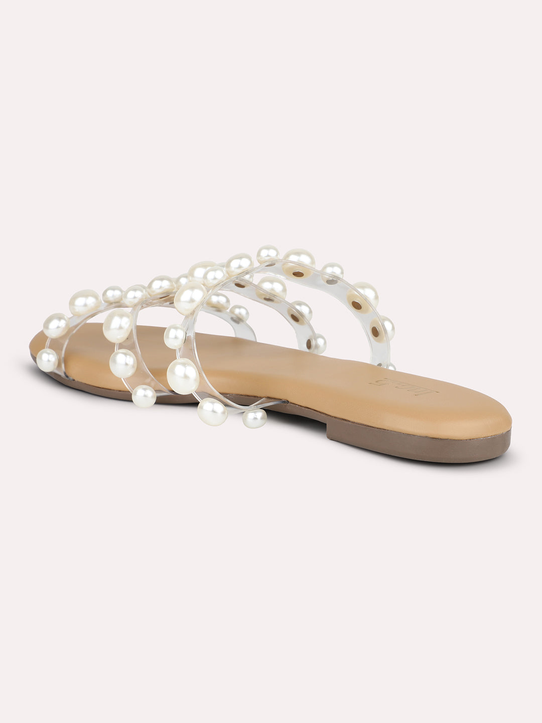 Women Gold Pearl Studded Open Toe Flats