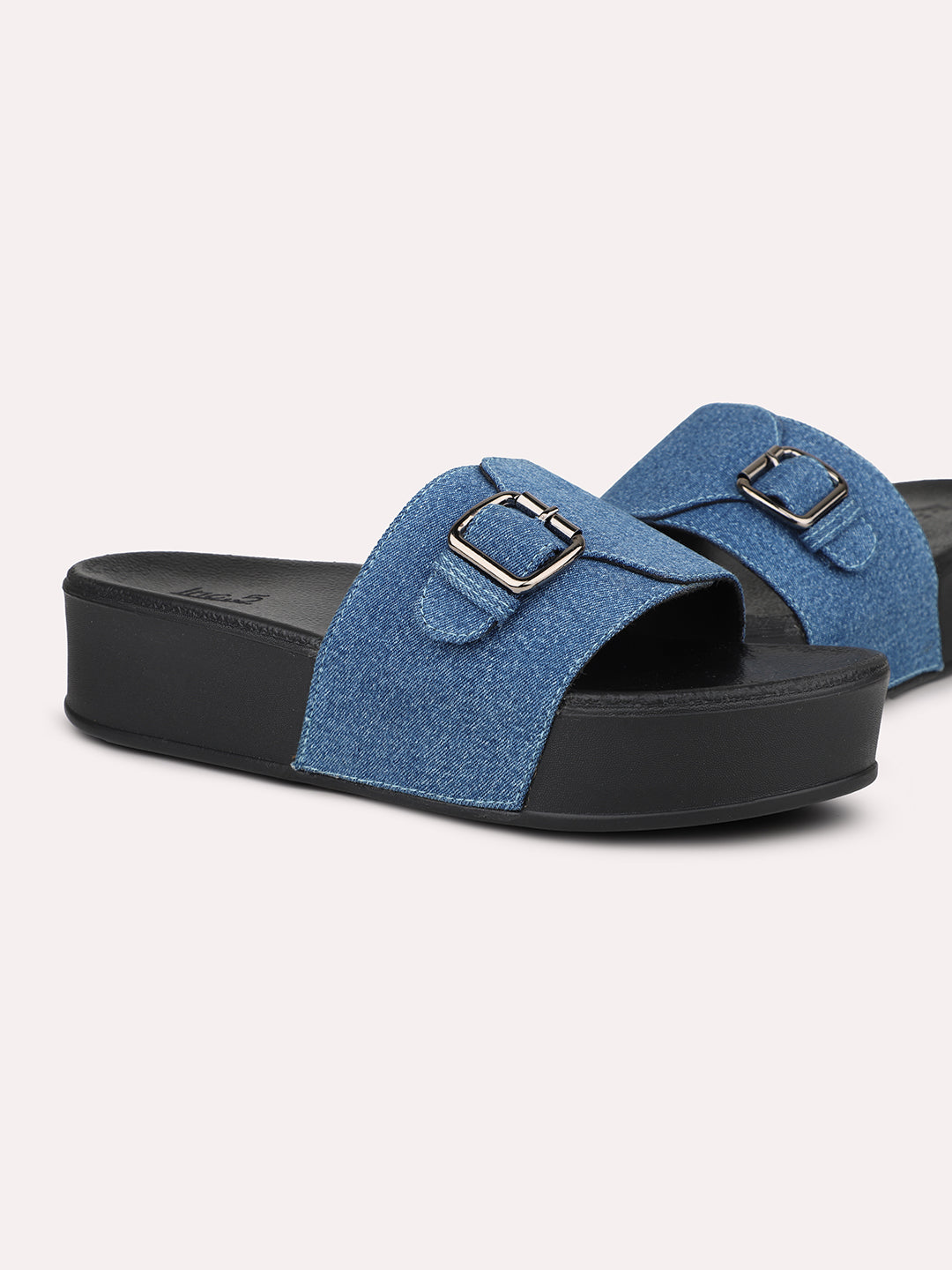 Women Blue Open Toe Comfort Heels With Buckles