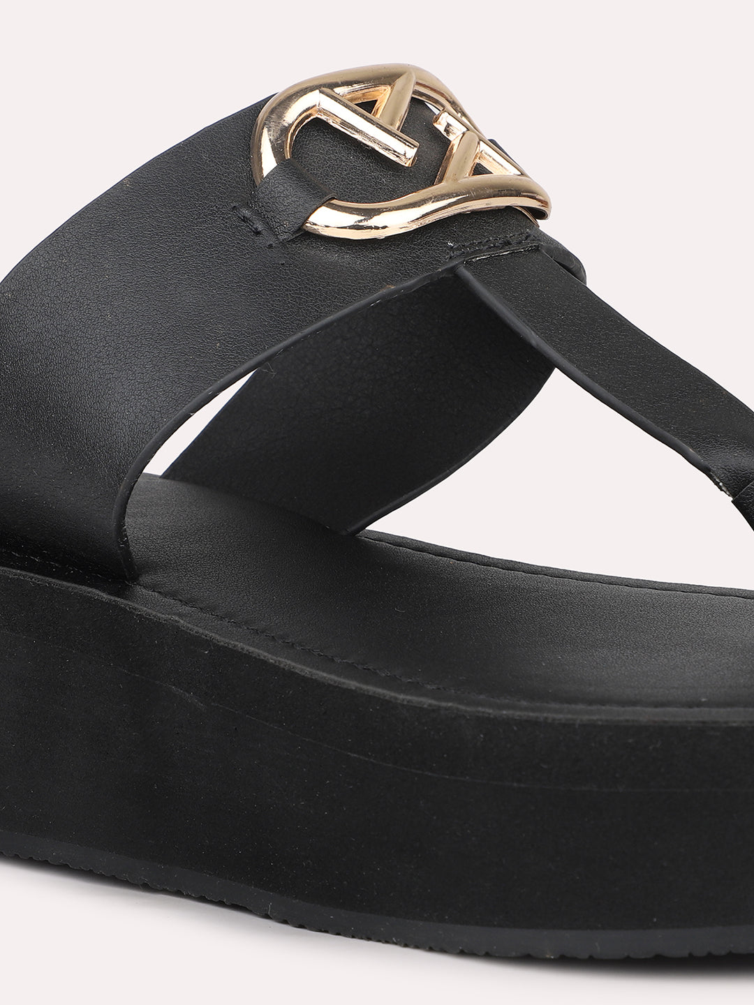 Women Black And Gold-Toned T-Strap Platform Heels