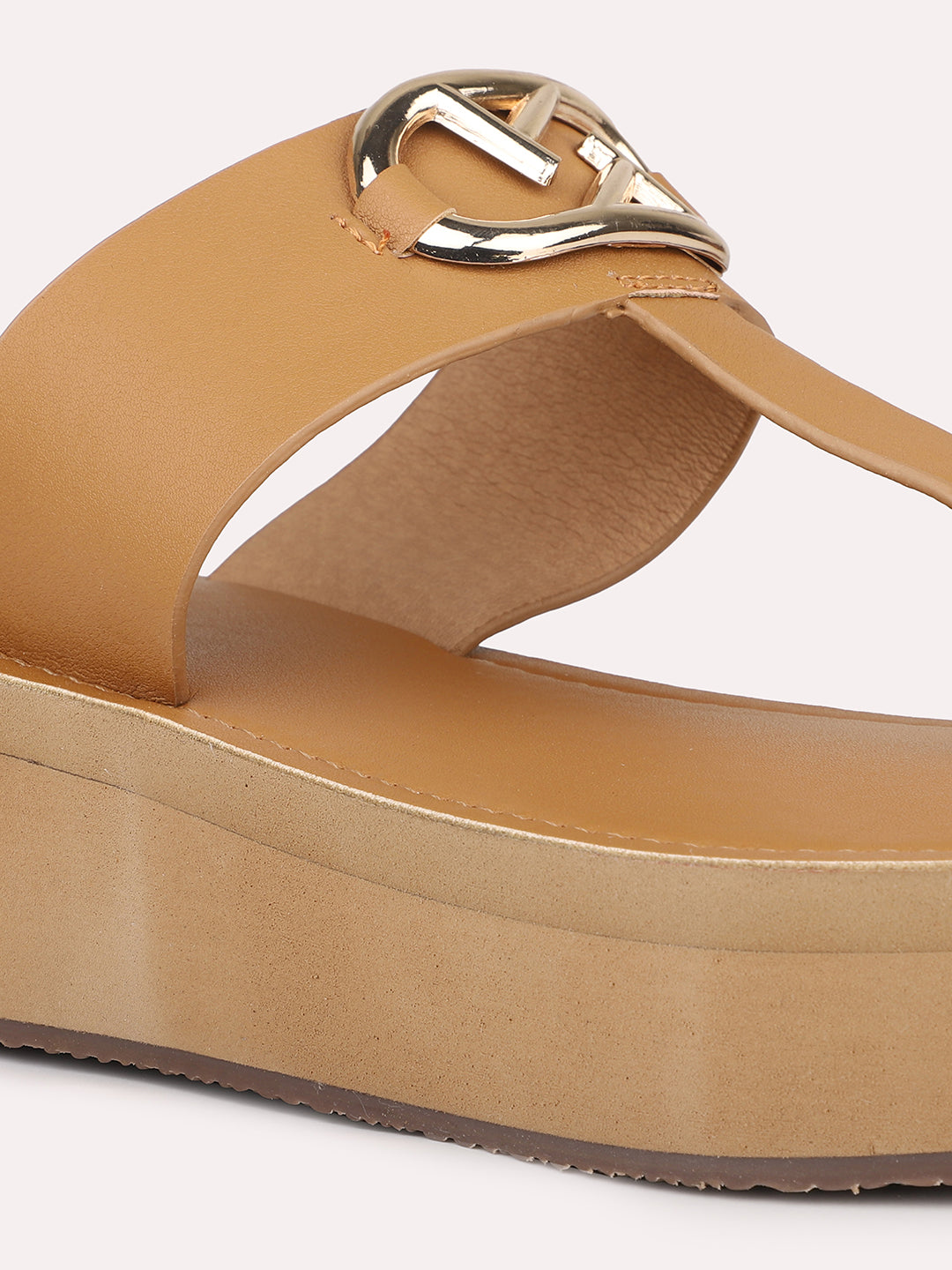 Women Tan And Gold-Toned T-Strap Platform Heels