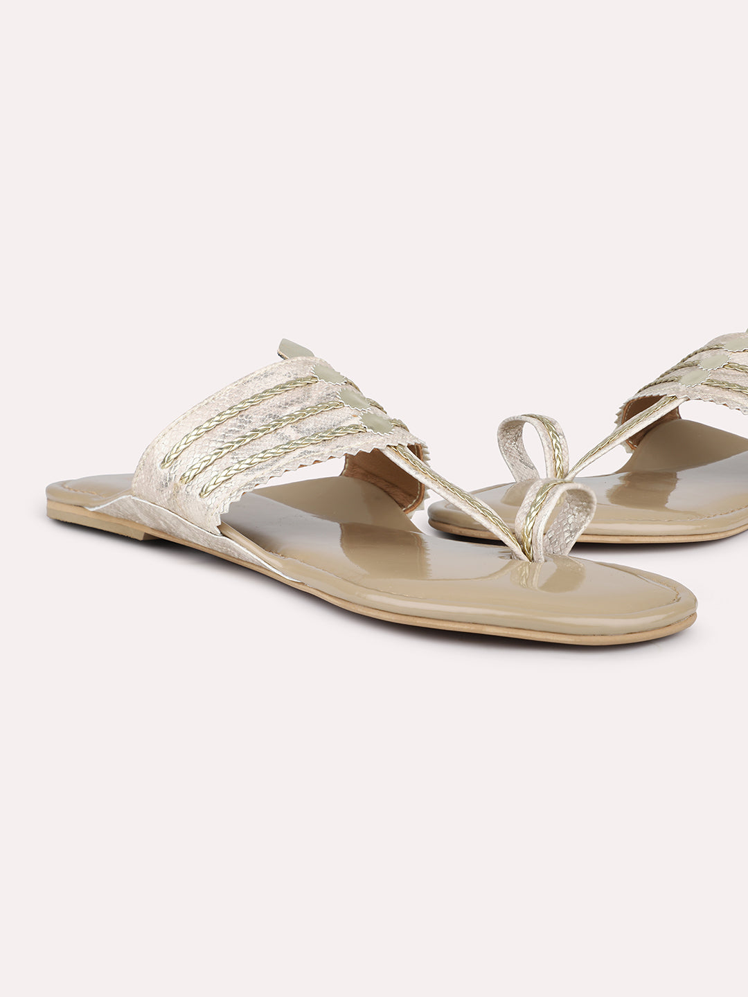 Women Beige Ethnic Embellished One Toe Flats