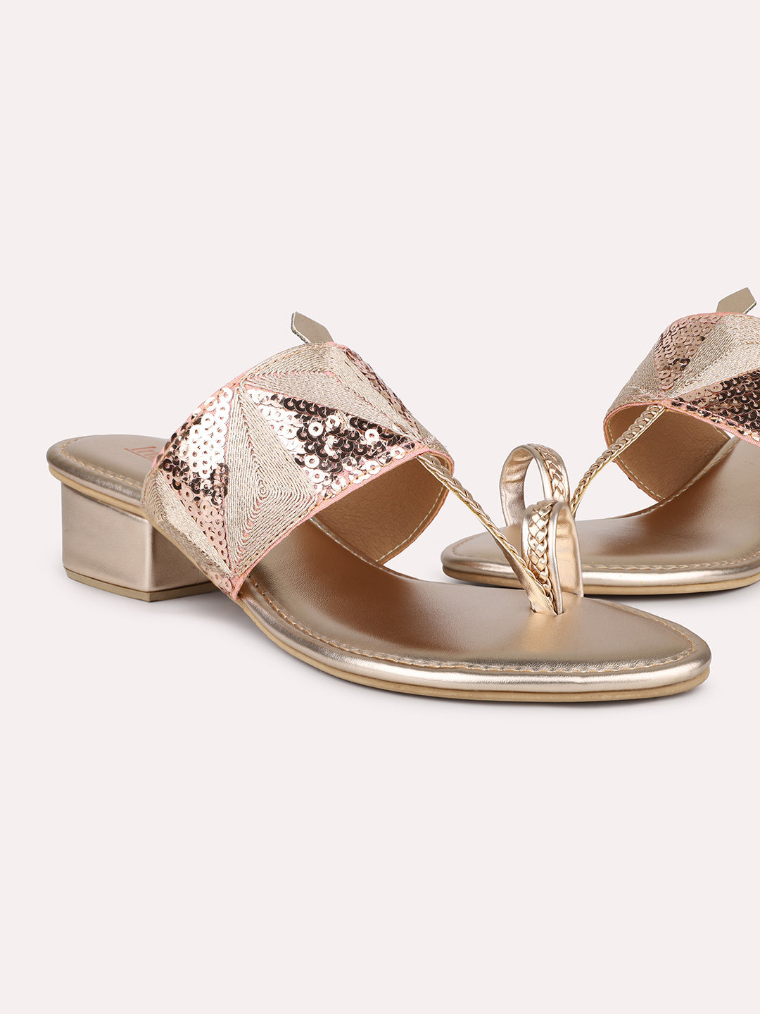 Women Rose Gold Woven Design Ethnic Embellished Block Heels