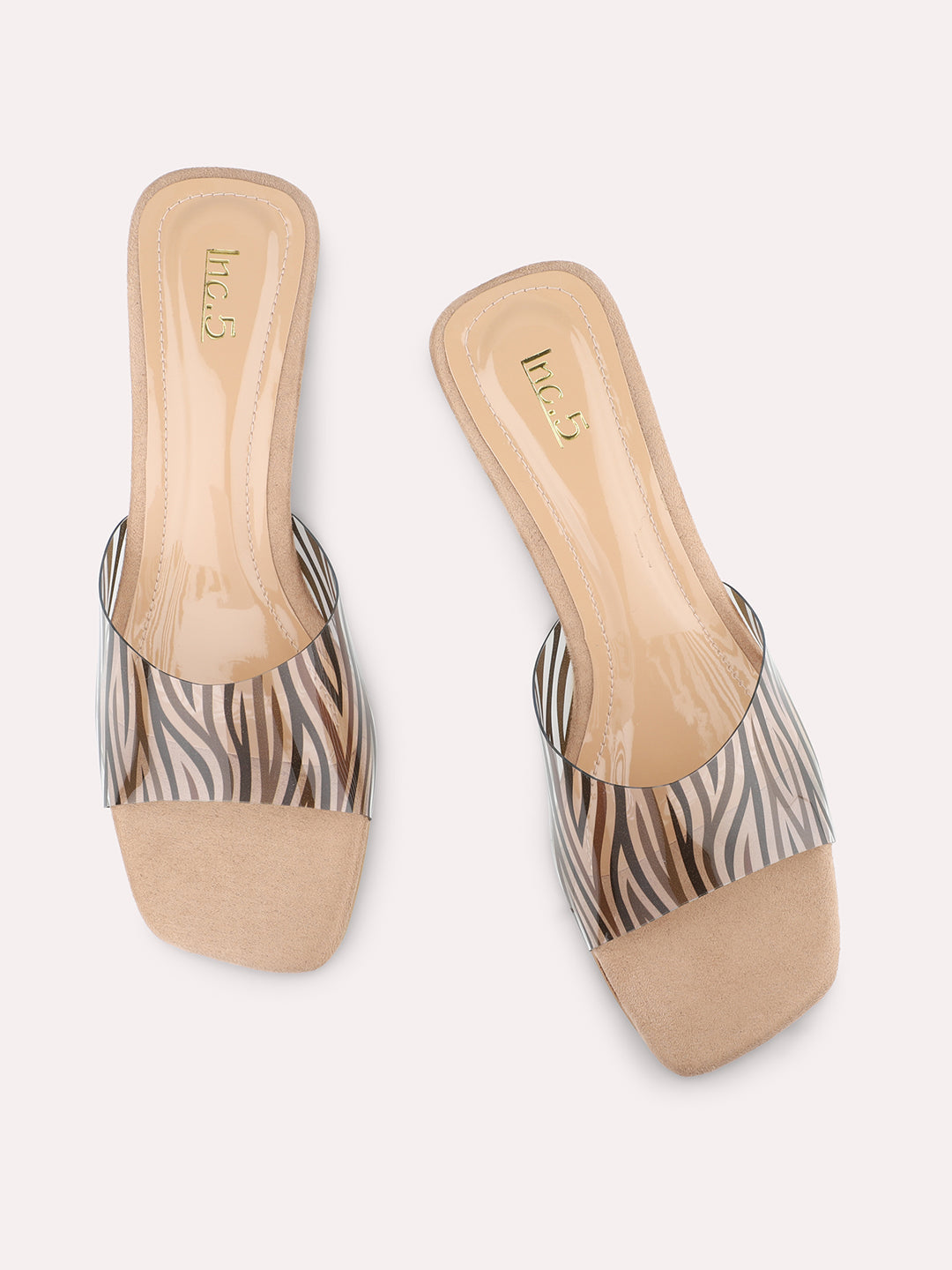 Women Beige Transparent & Striped Block Heel Sandals