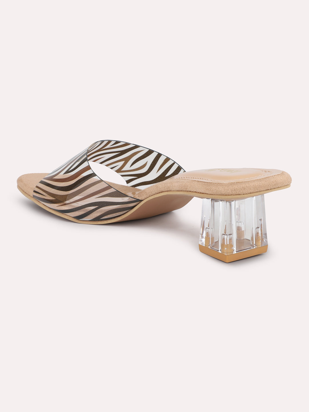 Women Beige Transparent & Striped Block Heel Sandals