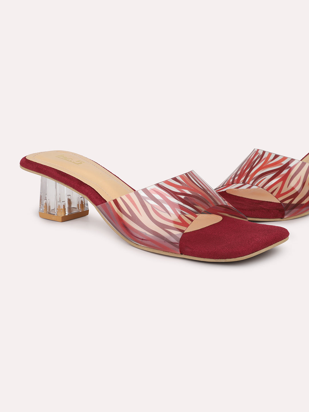 Women Maroon Transparent & Striped Block Heel Sandals