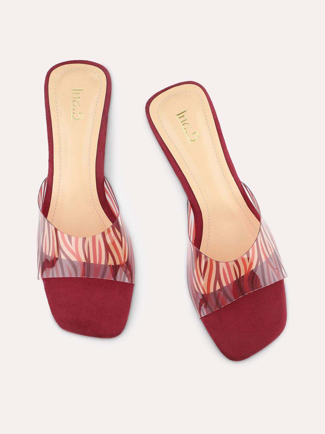 Women Maroon Transparent & Striped Block Heel Sandals