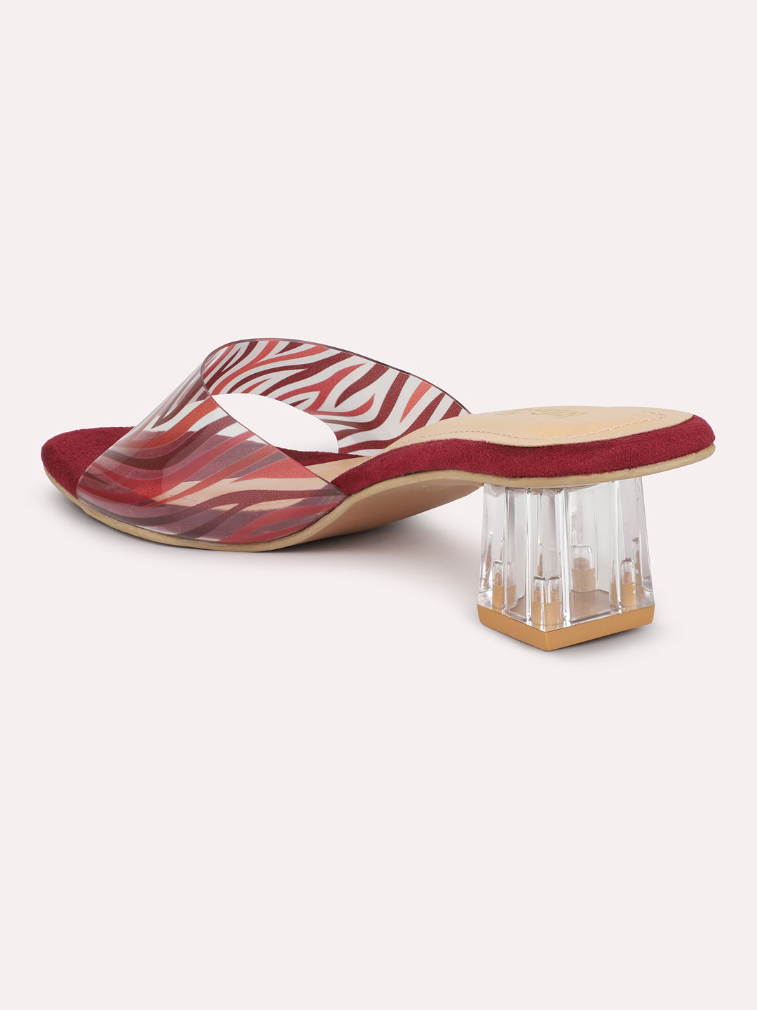 Women Maroon Transparent & Striped Block Heel Sandals