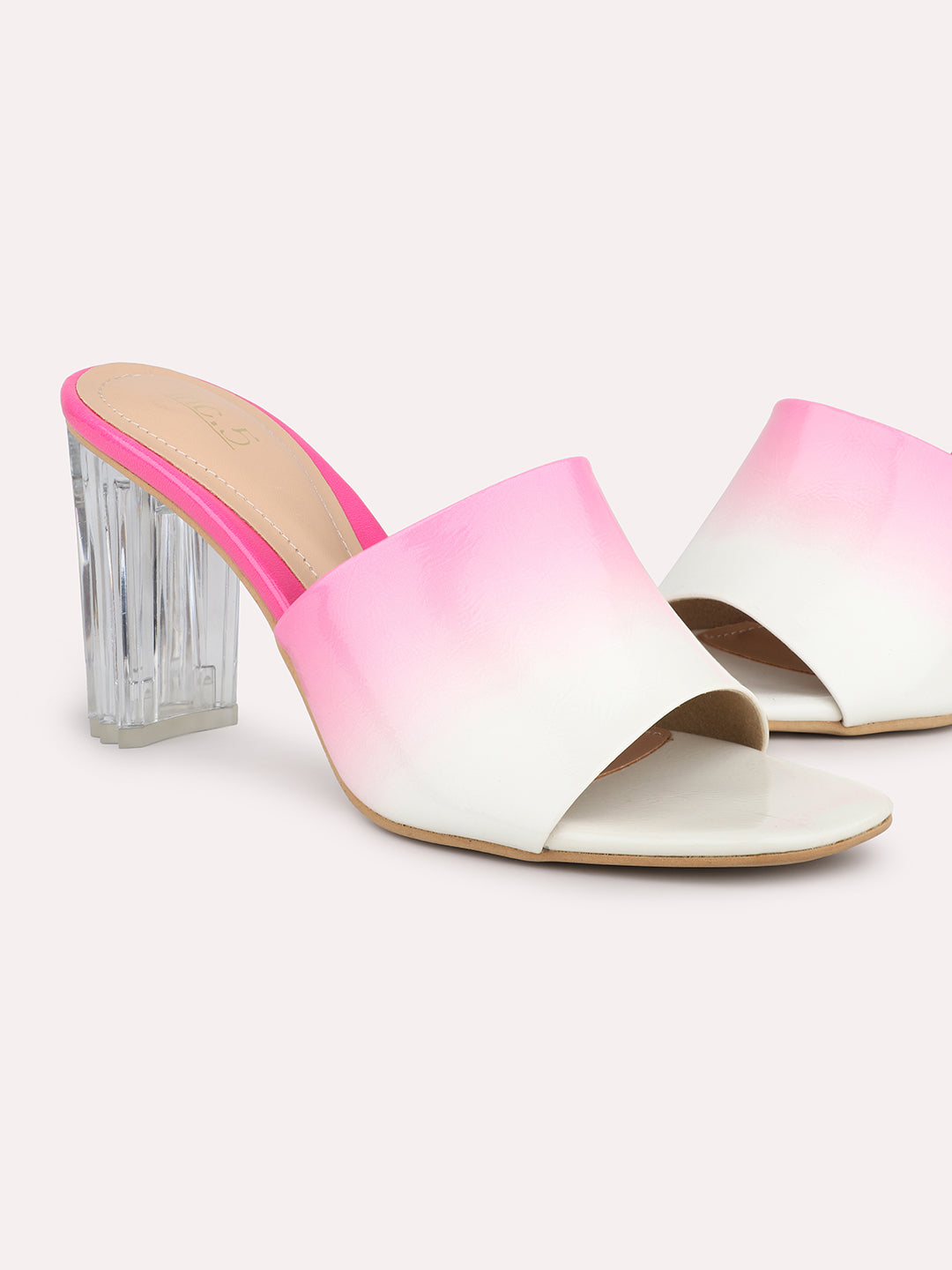 Women White & Pink-Coloured Printed Block Heels