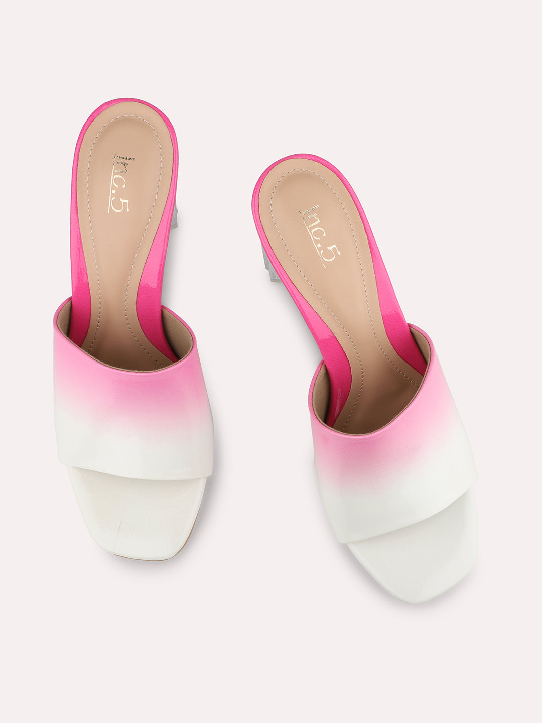 Women White & Pink-Coloured Printed Block Heels