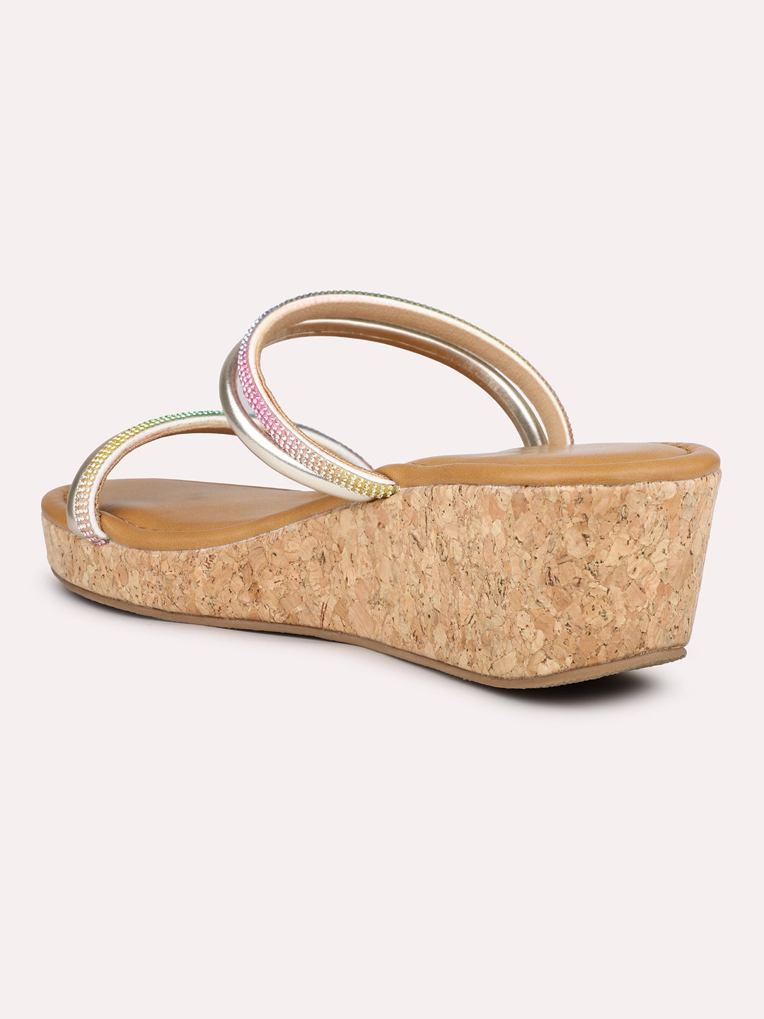 Women Gold & Multi-Toned Embellished Open Toe Wedge Heels