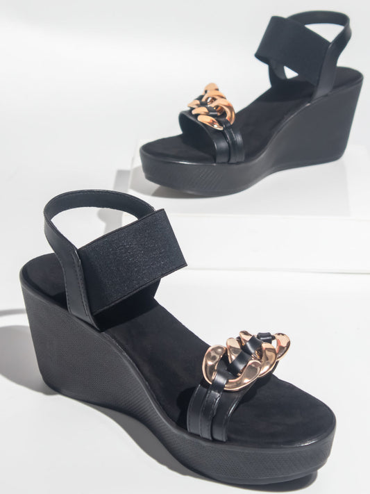 Women Black Wedge Mules With Fitting