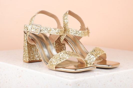 Women Gold Embellished Block Sandals