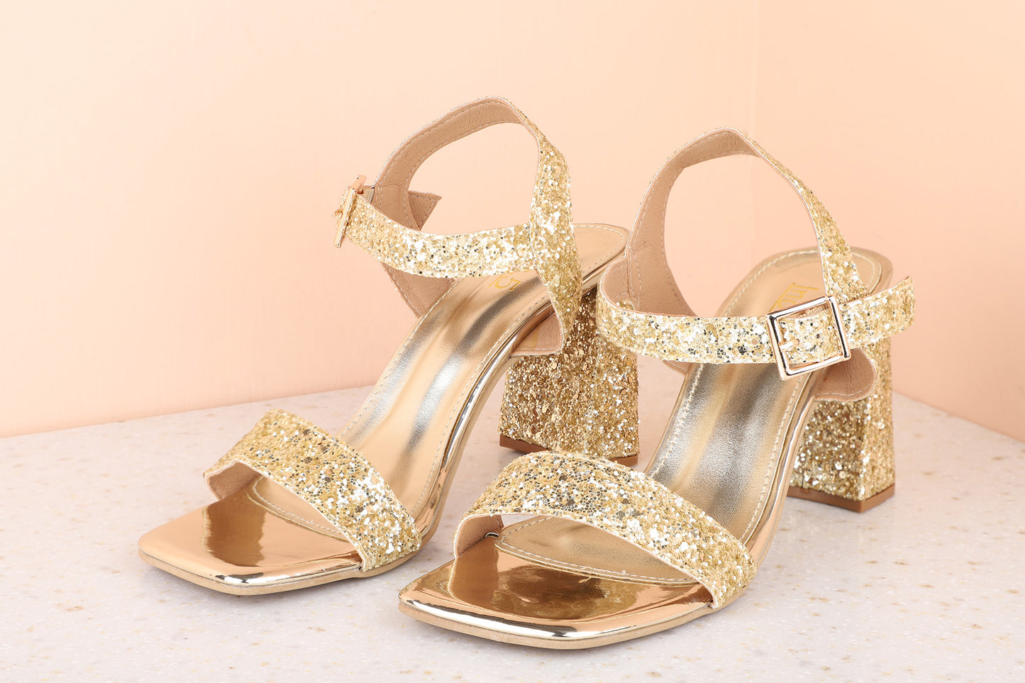 Women Gold Embellished Block Sandals