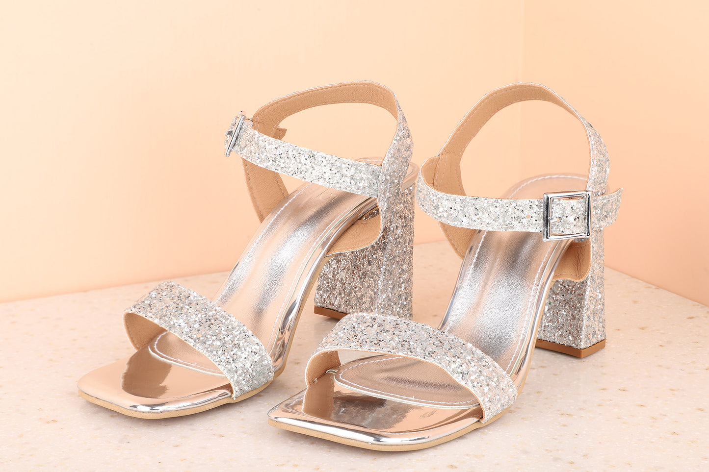 Women Silver Embellished Block Sandals