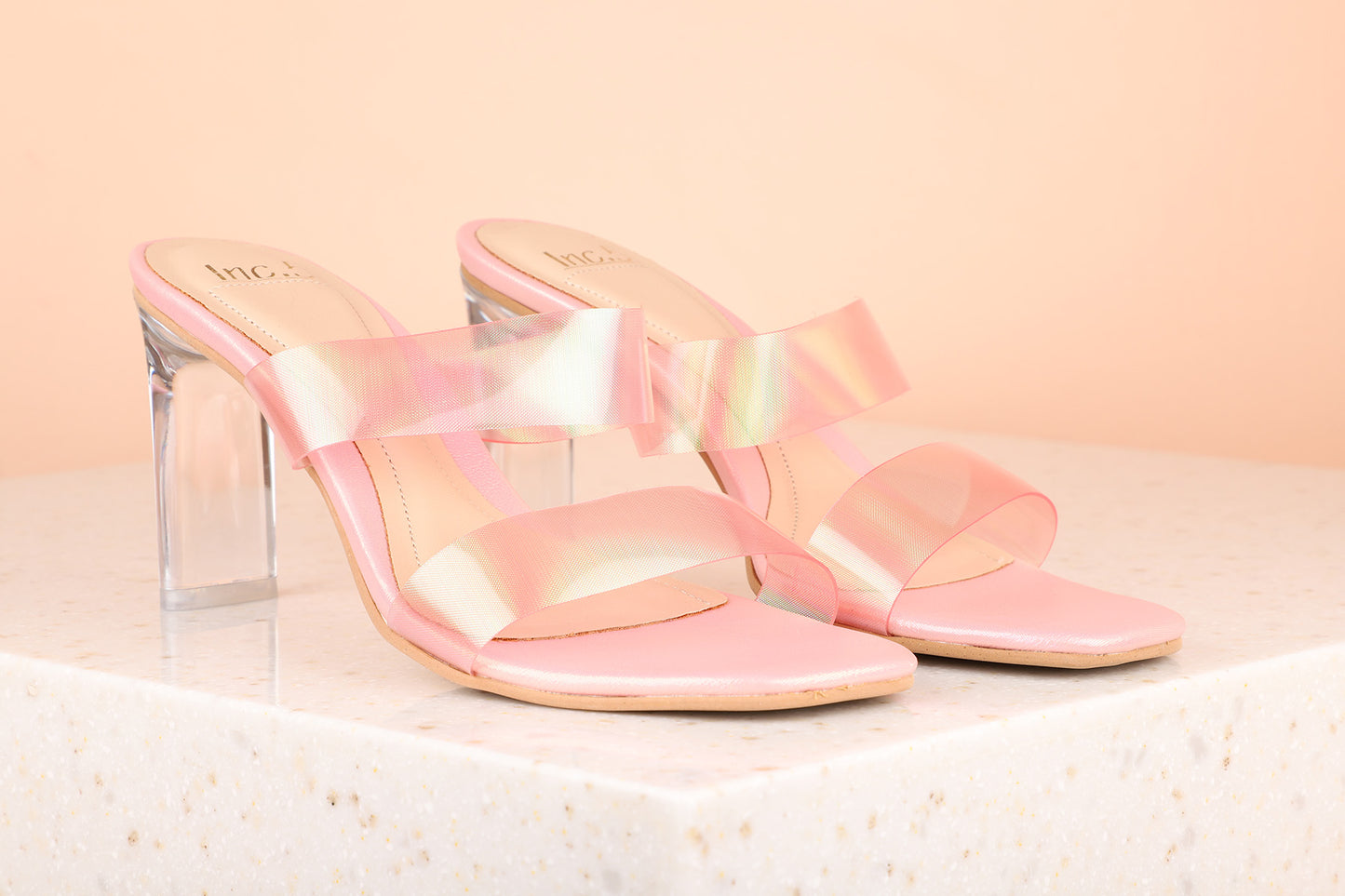 Women Peach Textured Party Block Mules