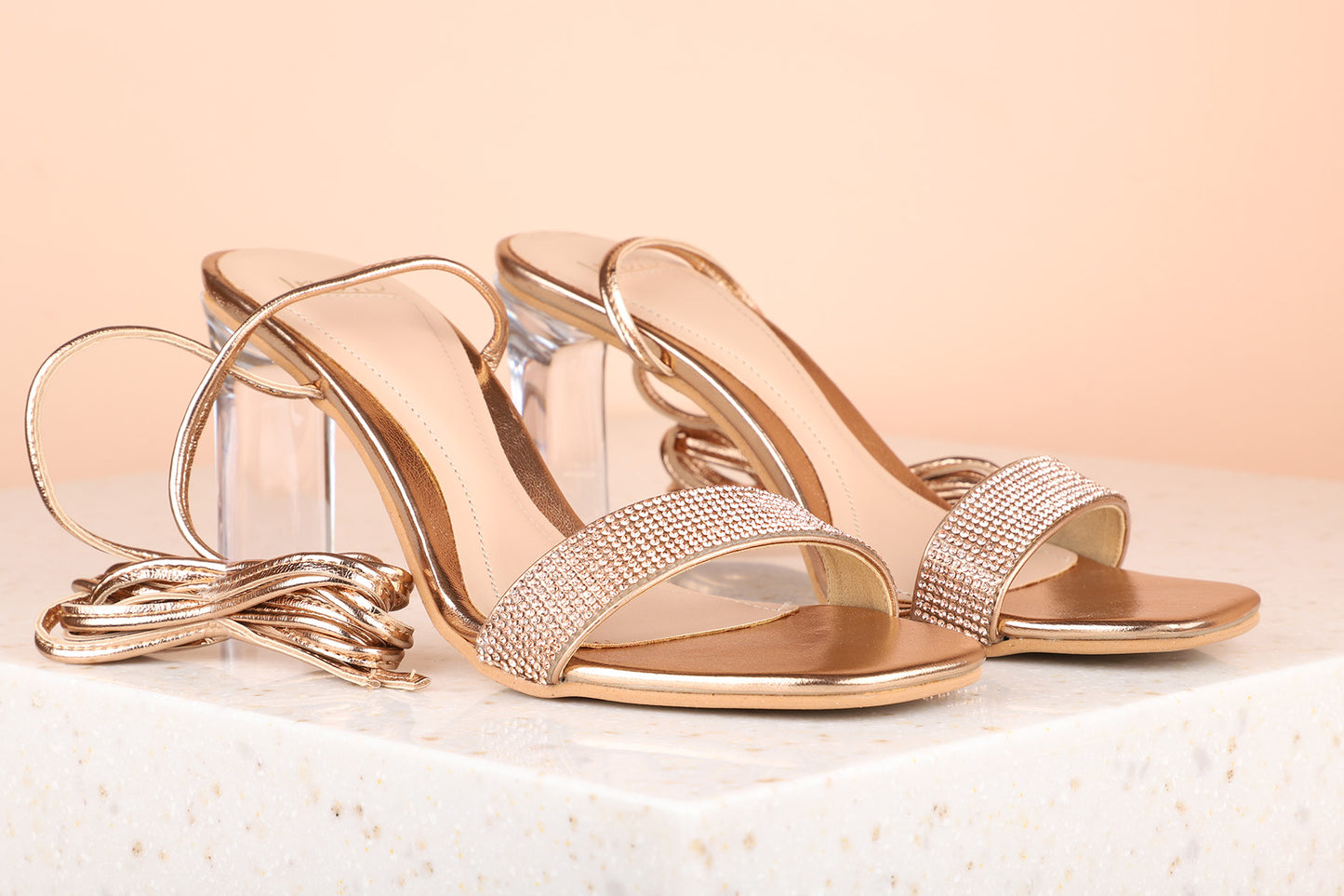 Women Rose Gold Block Peep Toes Heels