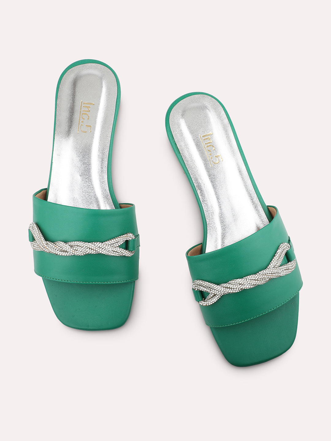 Women Green Embellished Open Toe Flats