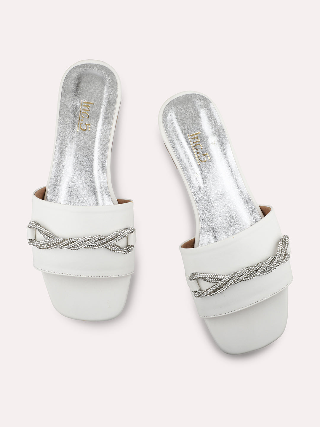 Women White Embellished Open Toe Flats