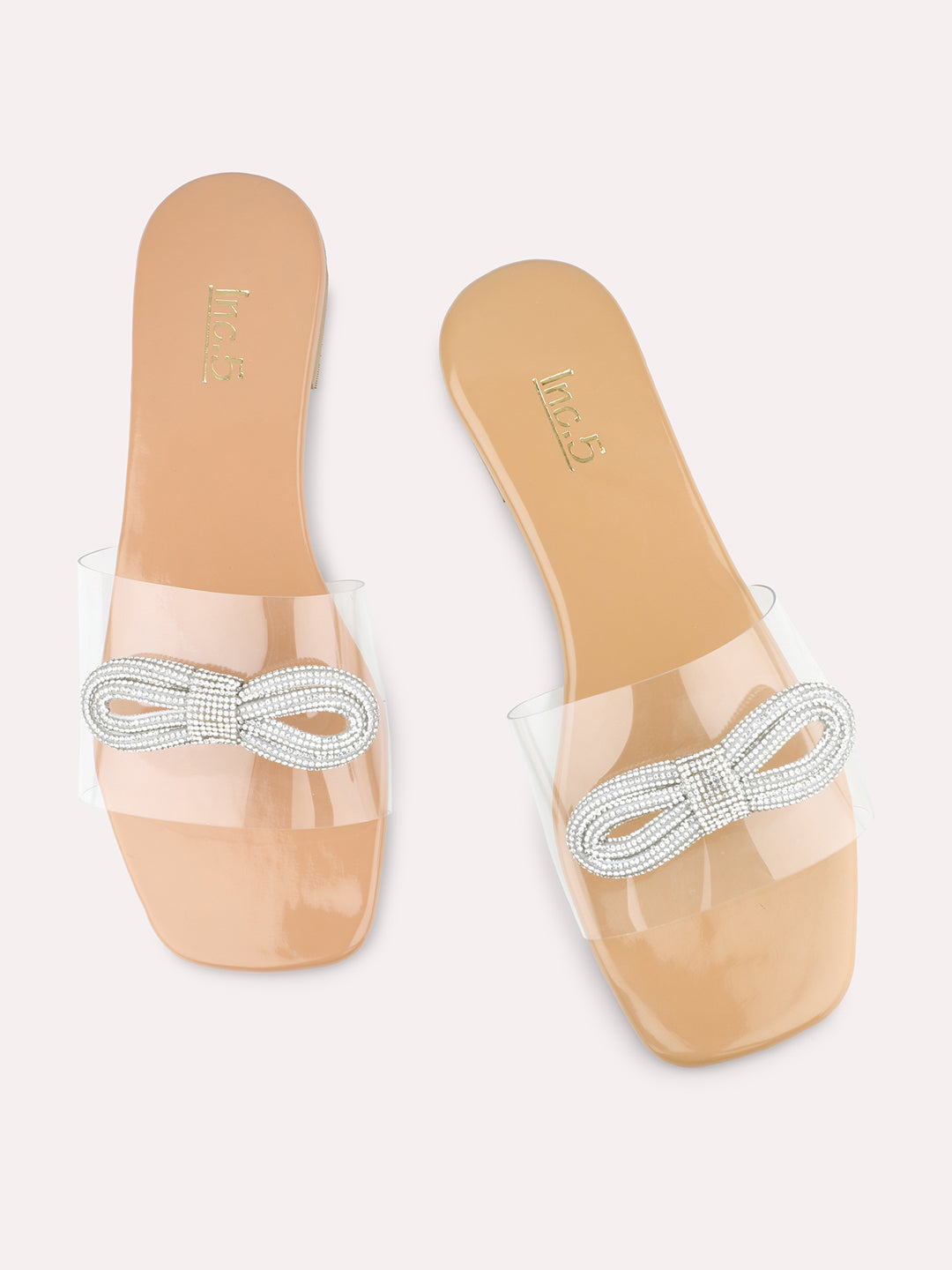 Women Beige And Silver-Toned Transparent Open Toe Flats