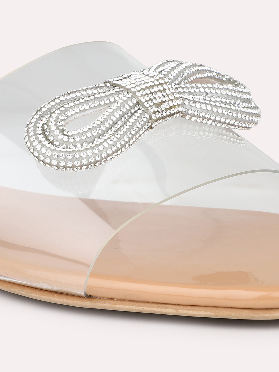 Women Beige And Silver-Toned Transparent Open Toe Flats