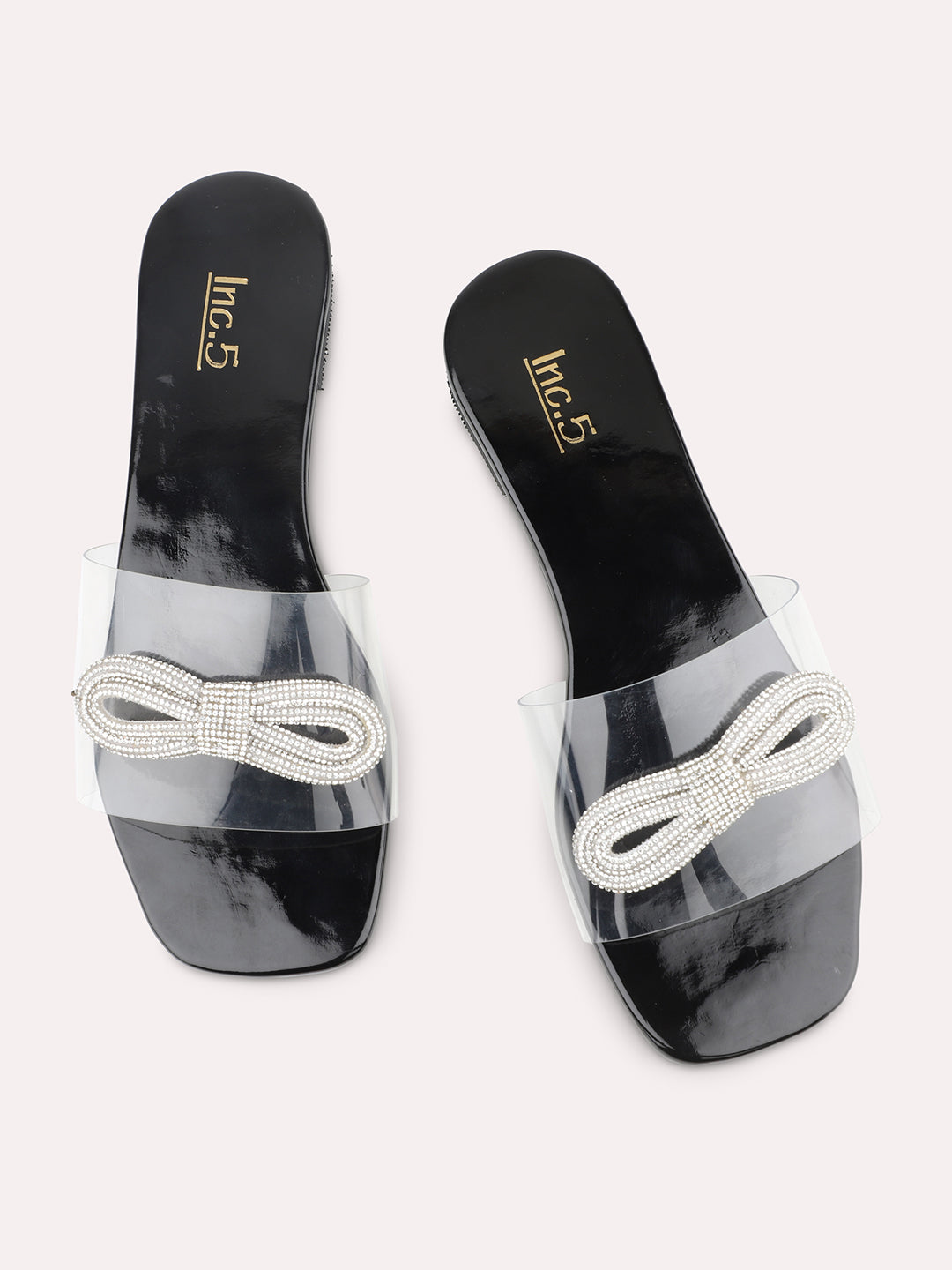 Women Black And Silver-Toned Transparent Open Toe Flats