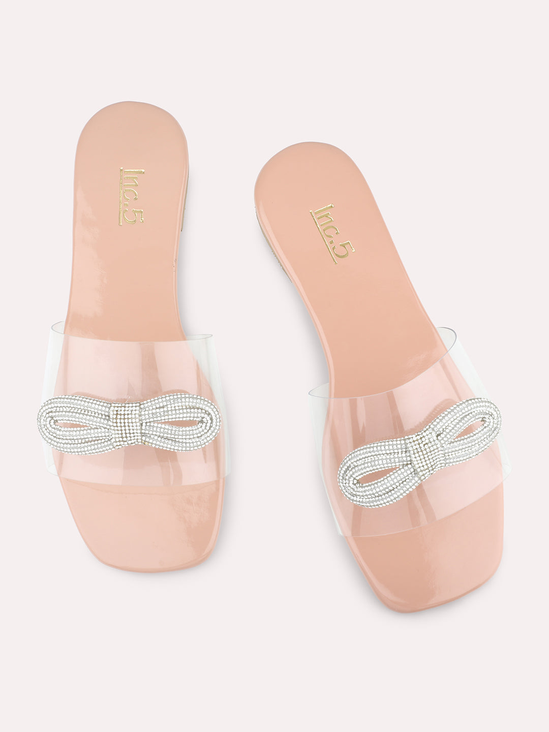 Women Peach And Silver-Toned Transparent Open Toe Flats