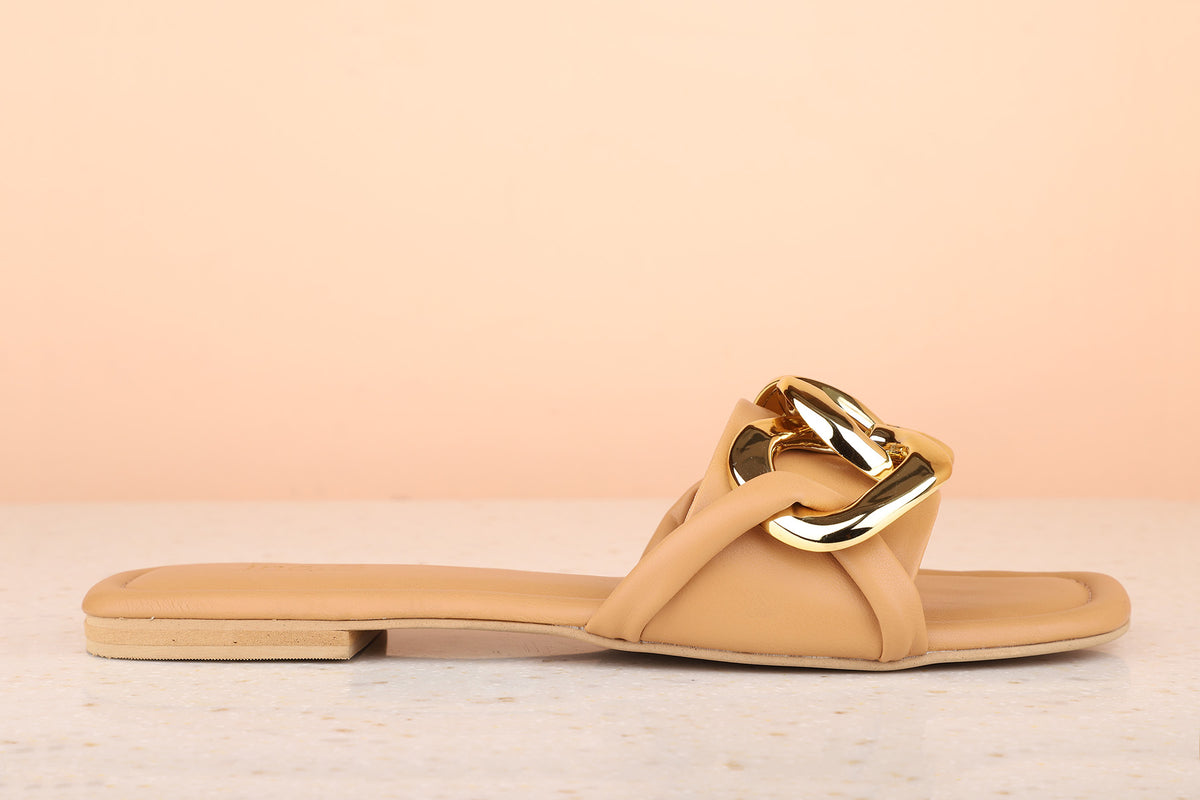 Women Beige Embellished Open Toe Flats