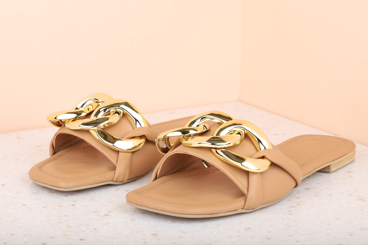 Women Beige Embellished Open Toe Flats