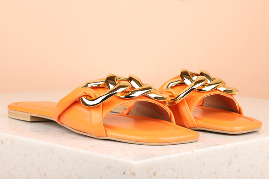 Women Orange Embellished Open Toe Flats