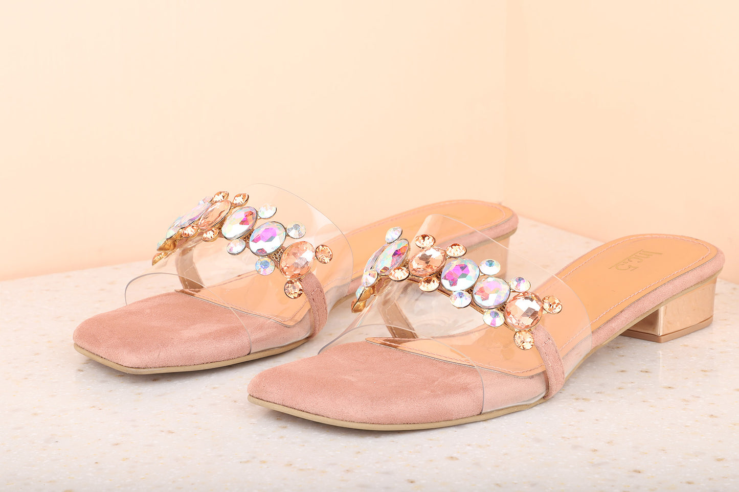 Women Peach Embellished Block Heel Sandals