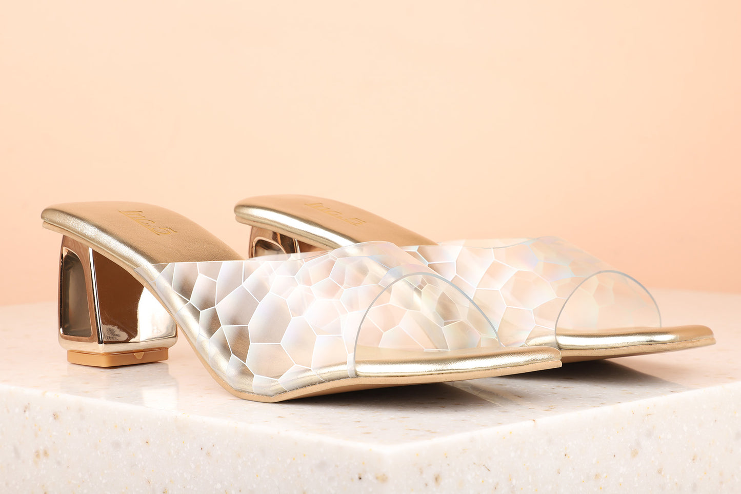 Women Gold Transparent Geometric Print Block Heel Sandals