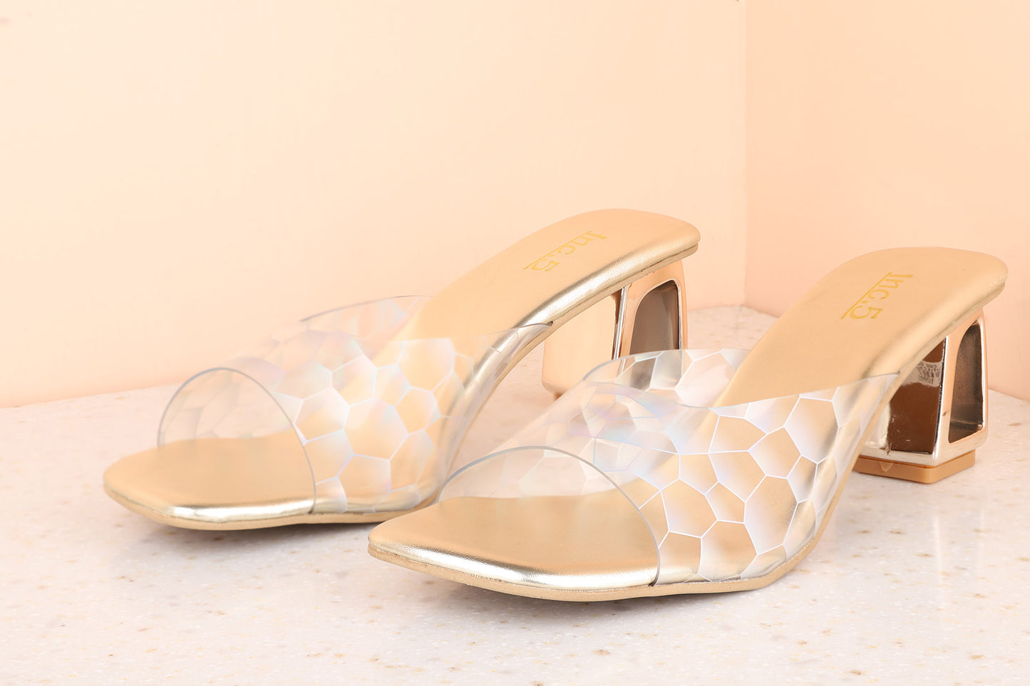 Women Gold Transparent Geometric Print Block Heel Sandals