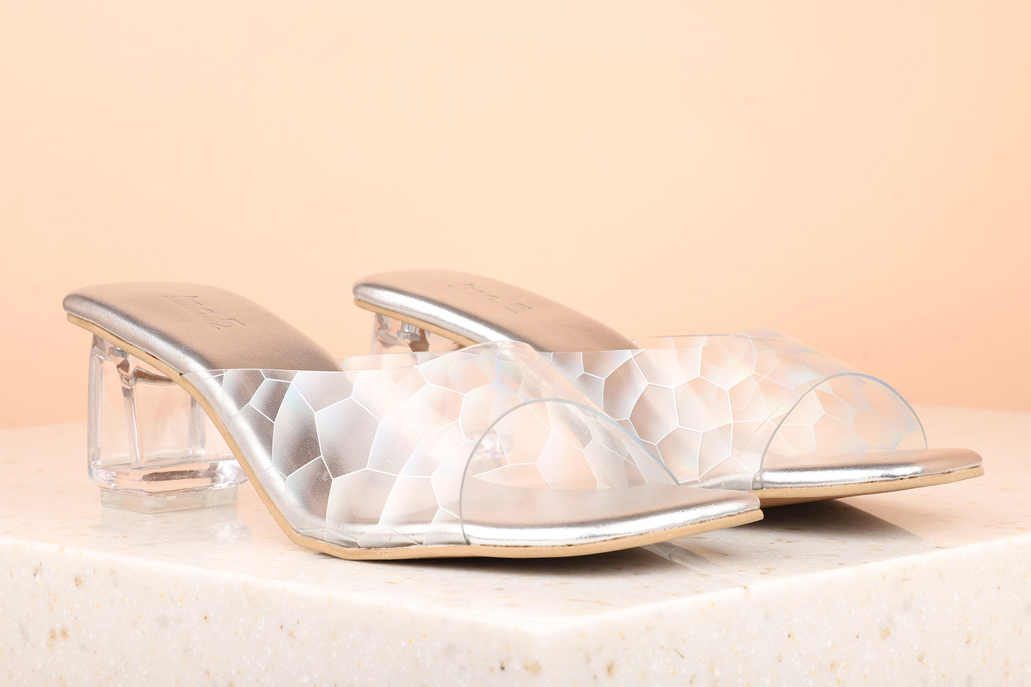 Women Silver Transparent Geometric Print Block Heel Sandals