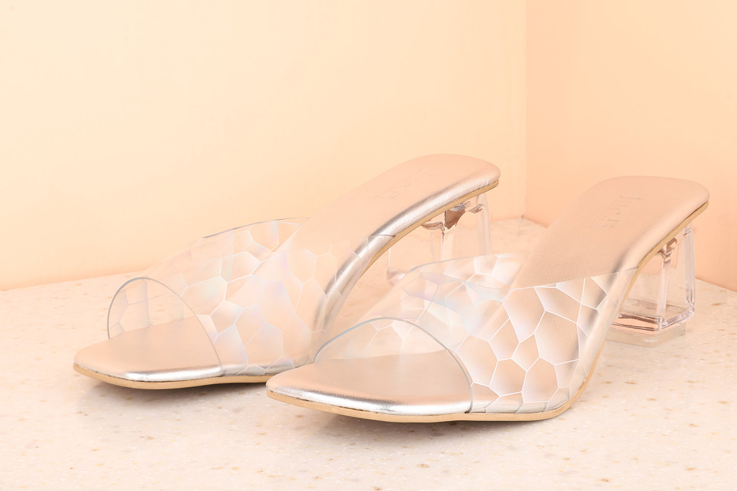 Women Silver Transparent Geometric Print Block Heel Sandals