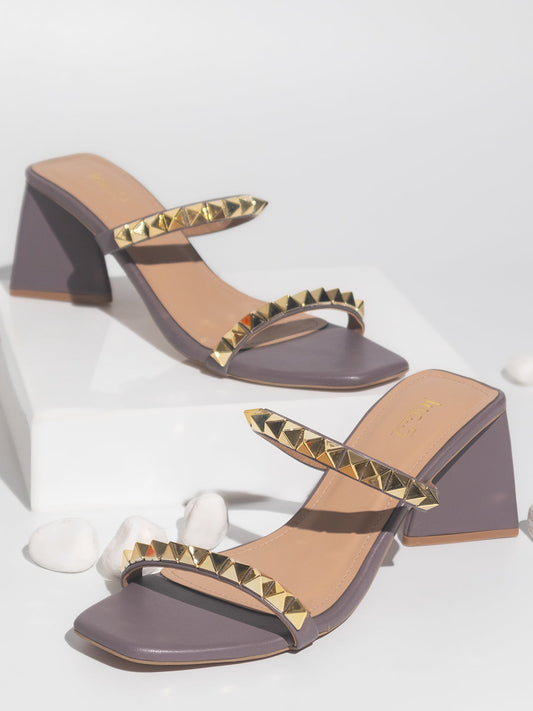 Women Mauve & Gold-Toned Studded Block Heels