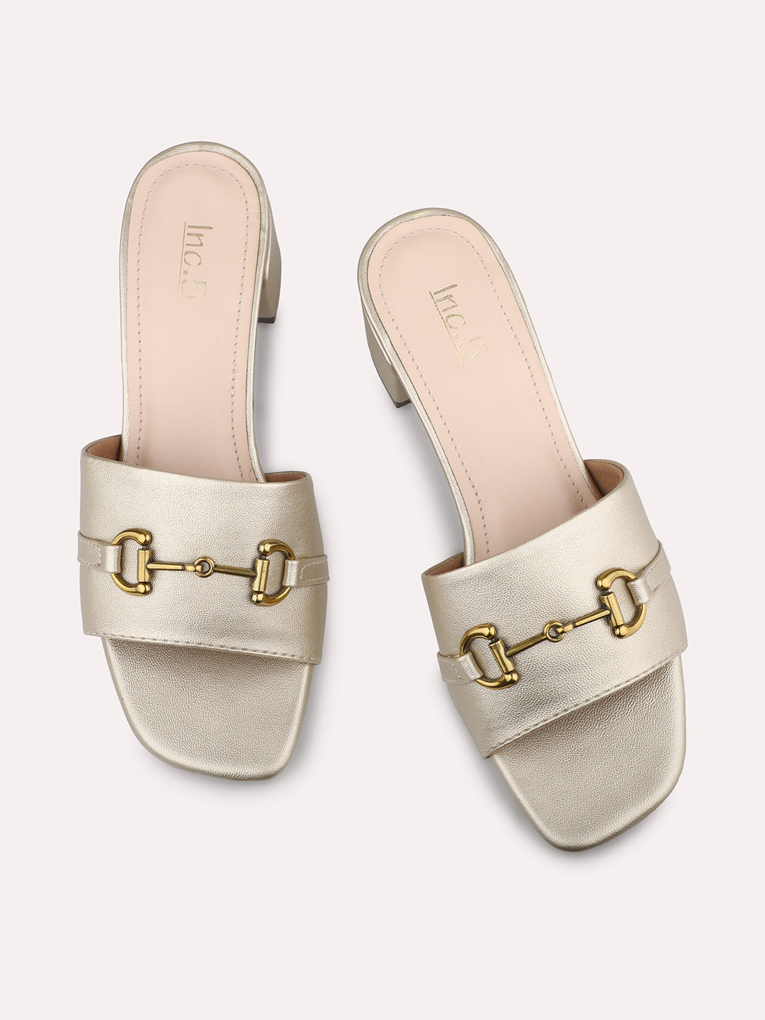 Women Gold Open Toe Block Heels With Buckle Detail