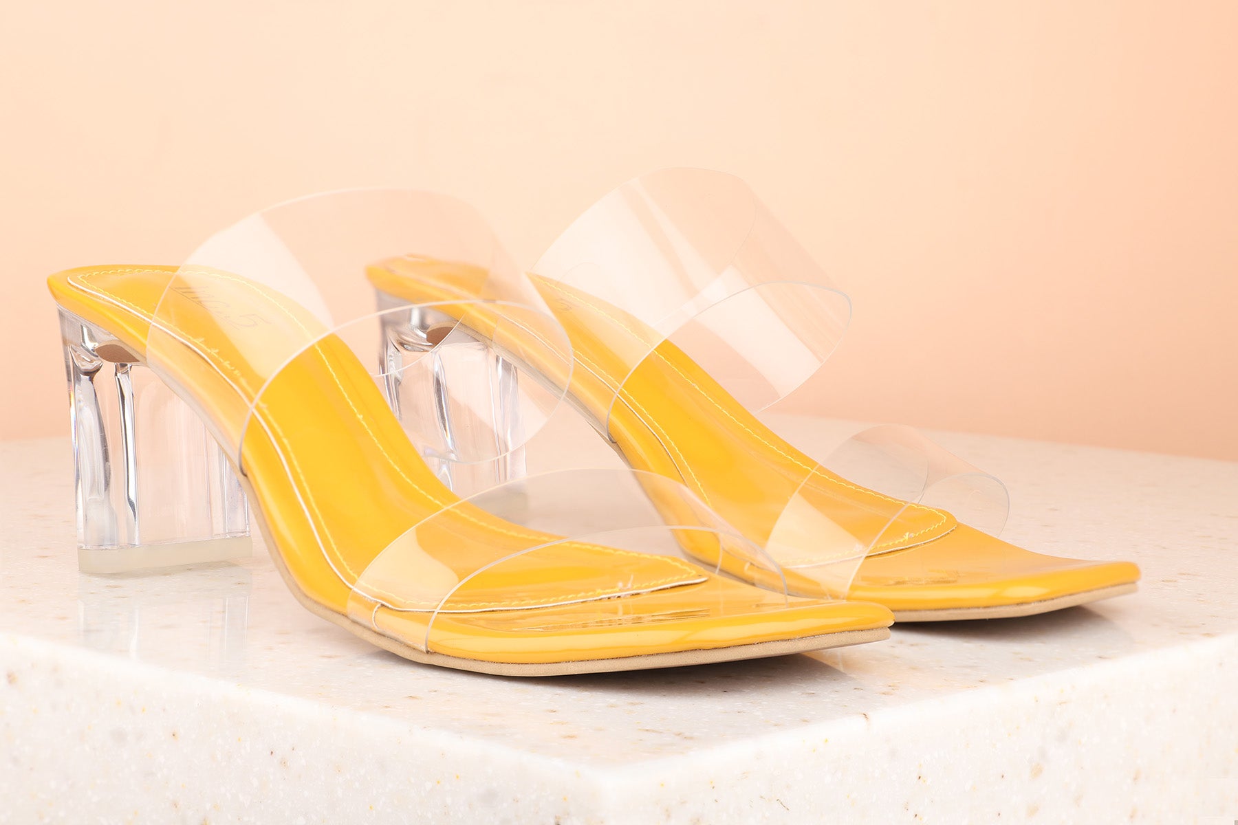 Buy Now Women Mustard Transparent Block Heels