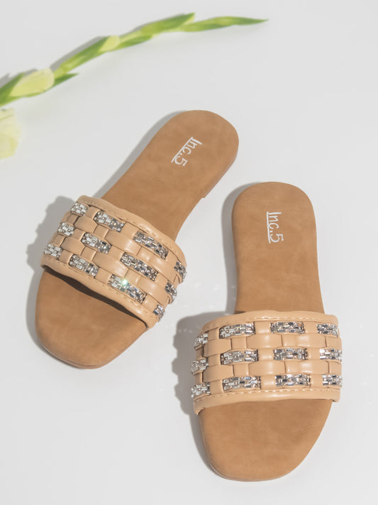 Women Beige Stones Embellished Open Toe Flats