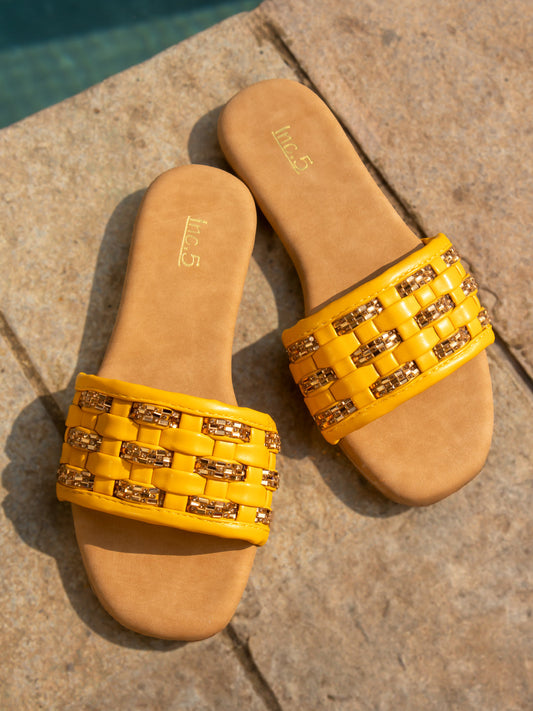 Women Mustard Stones Embellished Open Toe Flats