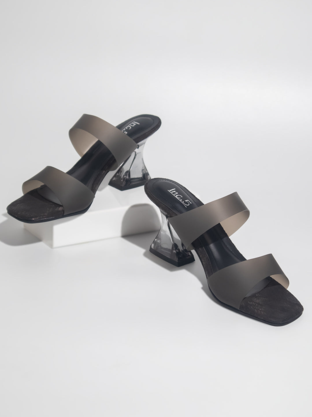 Women Black Transparent Embellished Block Heel